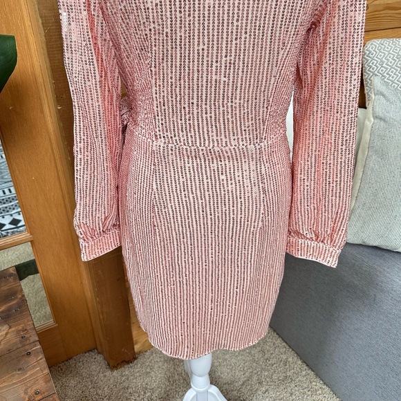 DOUBLE CRAZY Pink Sequin Long Sleeve V Neck Tie Waist Collared Wrap‎ Dress Sz S - Picture 14 of 16